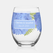 Blue Hydrangea Floral Wedding Personalisiert Names Weinglas Ohne Stiel (Vorderseite)