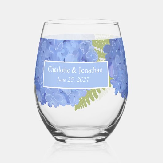Blue Hydrangea Floral Wedding Personalisiert Names Weinglas Ohne Stiel (Vorderseite)