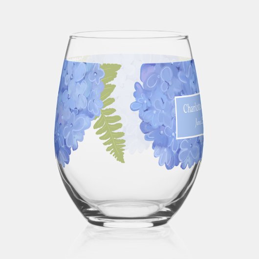 Blue Hydrangea Floral Wedding Personalisiert Names Weinglas Ohne Stiel (Rechts)