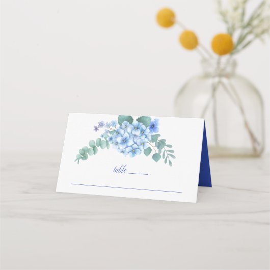 Blue Hydrangea Floral Wedding Platzkarte (Vorderseite)