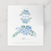 Blue Hydrangea Floral Wedding Platzkarte (Außenseite Aufgefaltet)