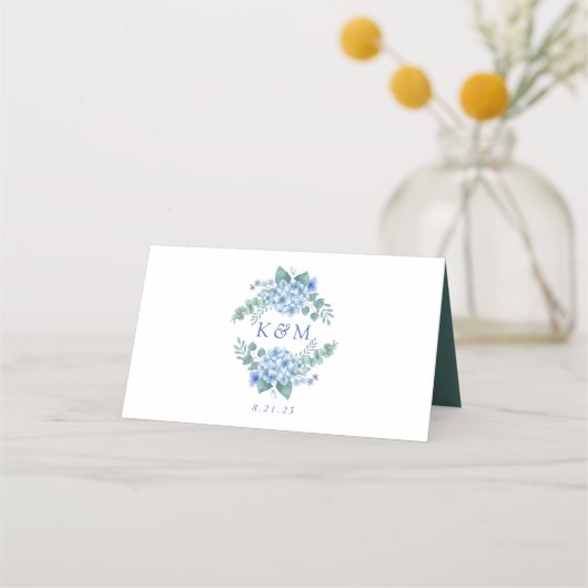 Blue Hydrangea Floral Wedding Platzkarte (Rückseite)