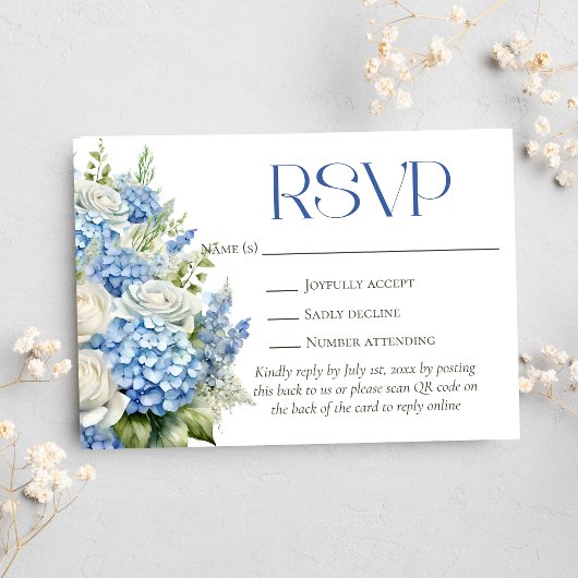 Blue Hydrangea Floral Wedding QR Code Website RSVP Karte