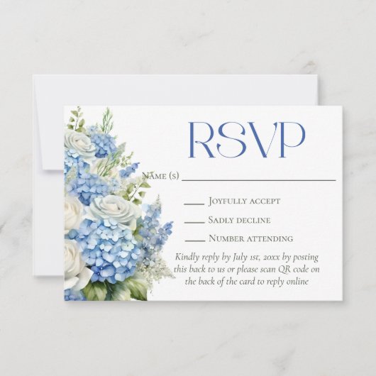 Blue Hydrangea Floral Wedding QR Code Website RSVP Karte (Vorderseite)