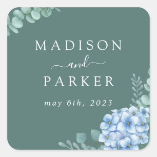 Blue Hydrangea Floral Wedding Quadratischer Aufkleber
