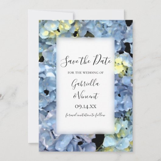 Blue Hydrangea floral Wedding Save the Date (Vorderseite)