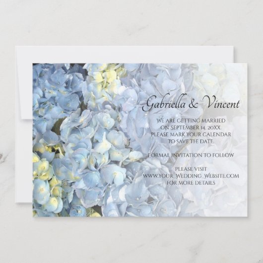 Blue Hydrangea floral Wedding Save the Date (Vorderseite)