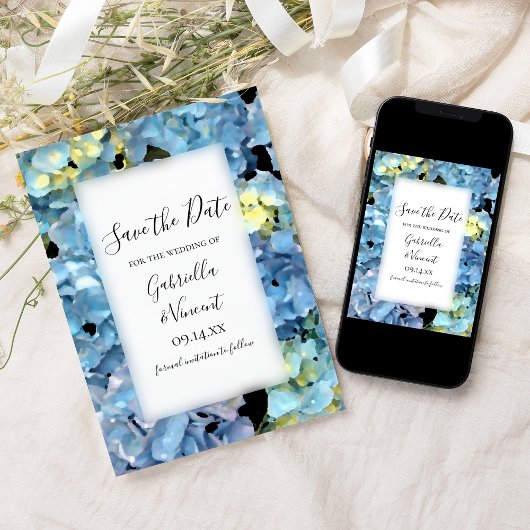 Blue Hydrangea floral Wedding Save the Date