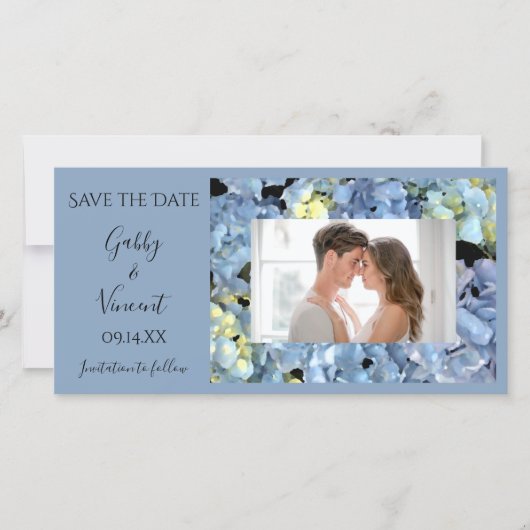 Blue Hydrangea floral Wedding Save the Date (Vorderseite)