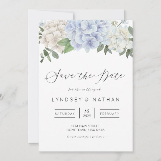 Blue Hydrangea floral Wedding Save the Date Einladung (Vorderseite)