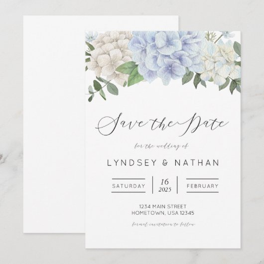 Blue Hydrangea floral Wedding Save the Date Einladung (Vorne/Hinten)