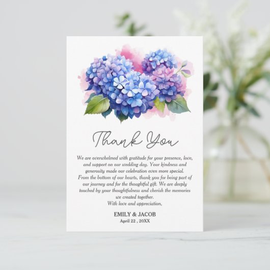 Blue Hydrangea Floral Wedding Theme Dankeskarte (Stehend Vorderseite)