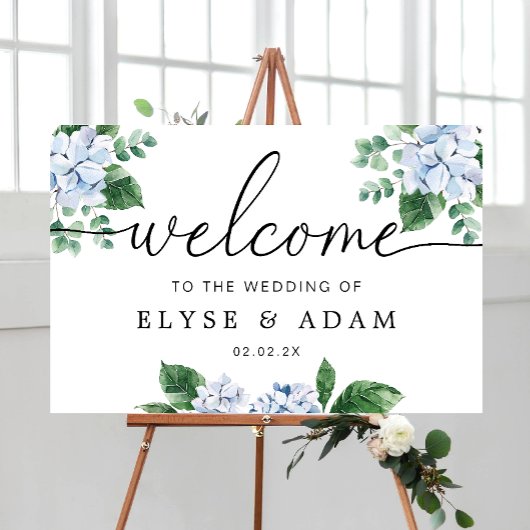 Blue Hydrangea Floral Wedding Willkommenszeichen Poster