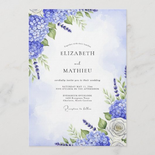 Blue Hydrangea Floral Whimsy Wedding Einladung (Vorderseite)