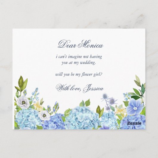 Blue Hydrangea Floral wird mein Blumenmädchen sein Postkarte (Rückseite)