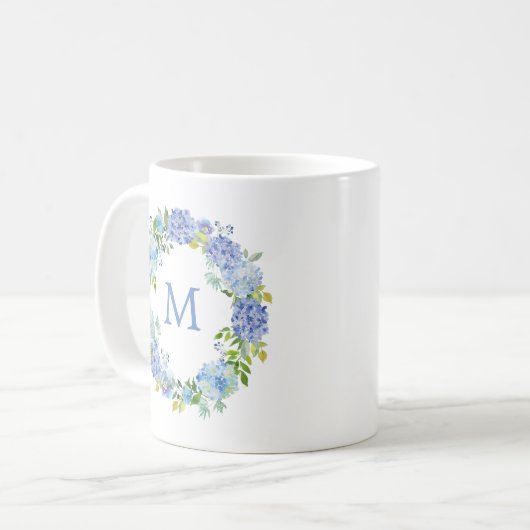 Blue Hydrangea Floral Wreath Monogram Coffee Tasse (Vorderseite Links)