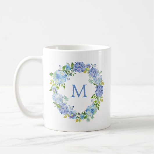 Blue Hydrangea Floral Wreath Monogram Coffee Tasse (Links)