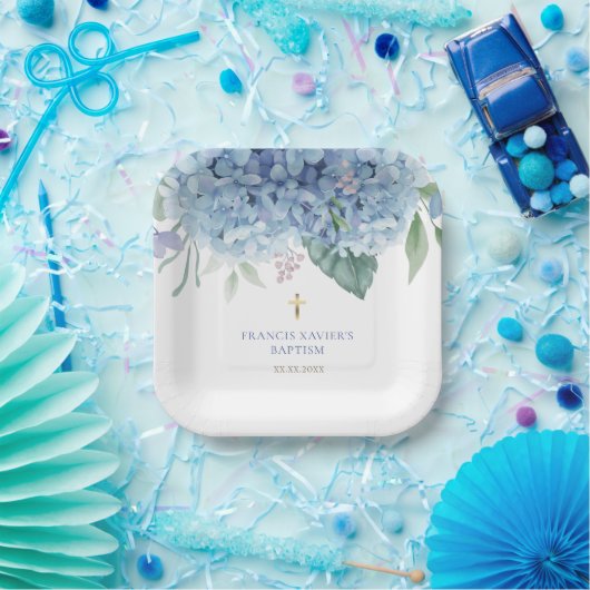 blue Hydrangea flowers Baptism Pappteller (Party)