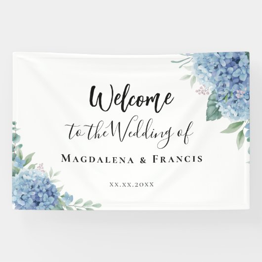 Blue Hydrangea flowers wedding welcome Banner (Horizontal)