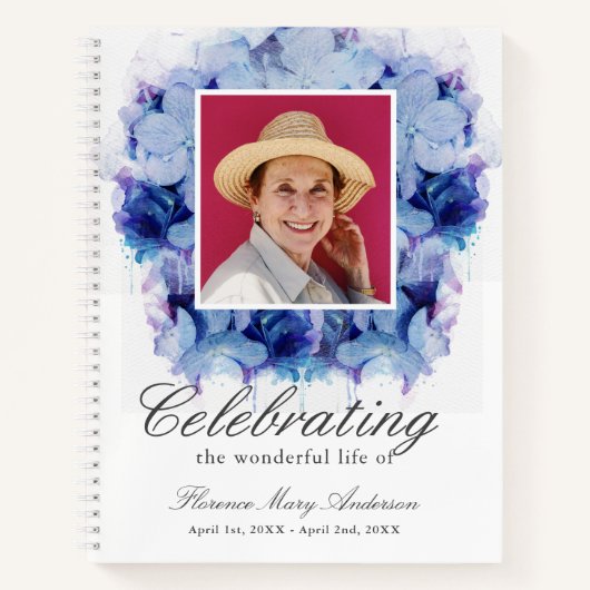 Blue Hydrangea Foto Memorial Funeral Gästebuch Notizblock (Vorderseite)