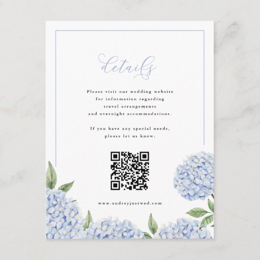 Blue Hydrangea Frame Calligraphy Detail QR Code Begleitkarte (Vorderseite)