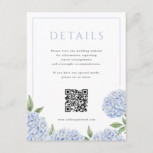Blue Hydrangea Frame Detail QR Code Begleitkarte (Vorderseite)