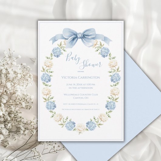 Blue Hydrangea Frame Elegant Bow Baby Shower  Einladung