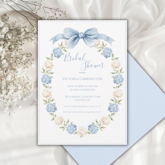 Blue Hydrangea Frame Elegant Bow Bridal Shower  Einladung