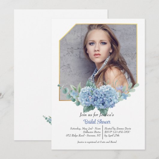 Blue Hydrangea Frame Foto Einladung (Vorne/Hinten)