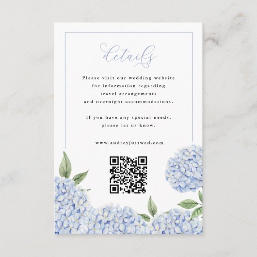 Blue Hydrangea Frame Script Details QR Code Klein Begleitkarte (Vorderseite)