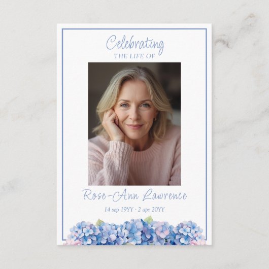 Blue Hydrangea Funeral Memorial Prayer Card Begleitkarte (Vorderseite)