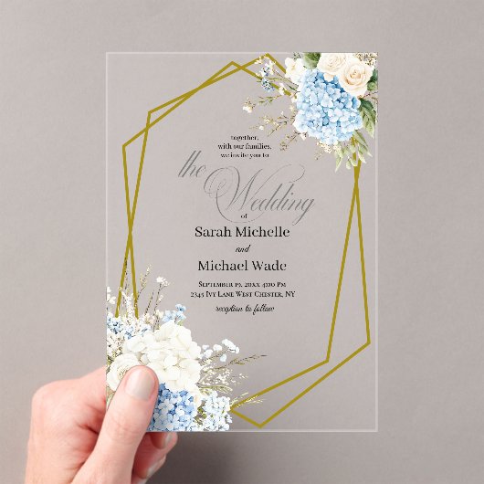 Blue Hydrangea Geometric Wedding Acryleinladungen (Insitu (Handheld))