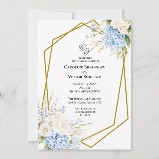 Blue Hydrangea Geometric Wedding Invitation Einladung (Vorderseite)
