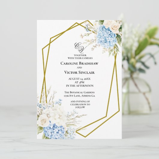 Blue Hydrangea Geometric Wedding Invitation Einladung (Stehend Vorderseite)