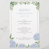 Blue Hydrangea Gerahmt Border Wedding Paper Menü (Vorne)