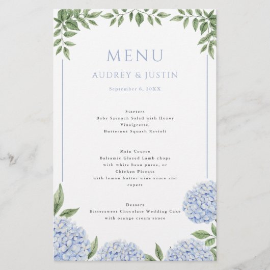 Blue Hydrangea Gerahmt Border Wedding Paper Menü (Vorne)