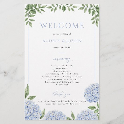 Blue Hydrangea Gerahmt Wedding Paper Programm Flyer (Vorne)