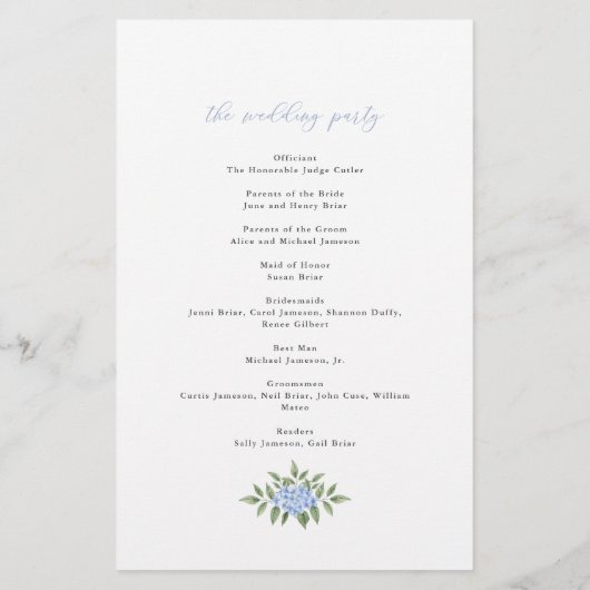Blue Hydrangea Gerahmt Wedding Paper Programm Flyer (Hinten)