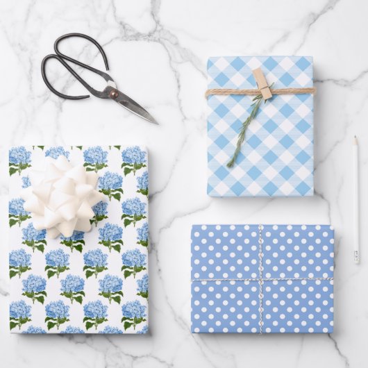 Blue Hydrangea Gingham und Polka Dot Pattern Geschenkpapier Set (Vorderseite)