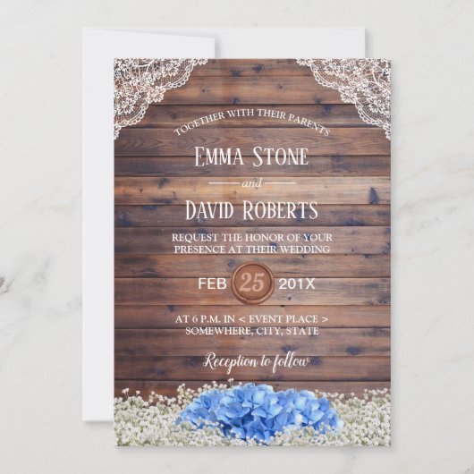 Blue Hydrangea Gipskraut Rustic Barn Wedding Einladung (Vorderseite)