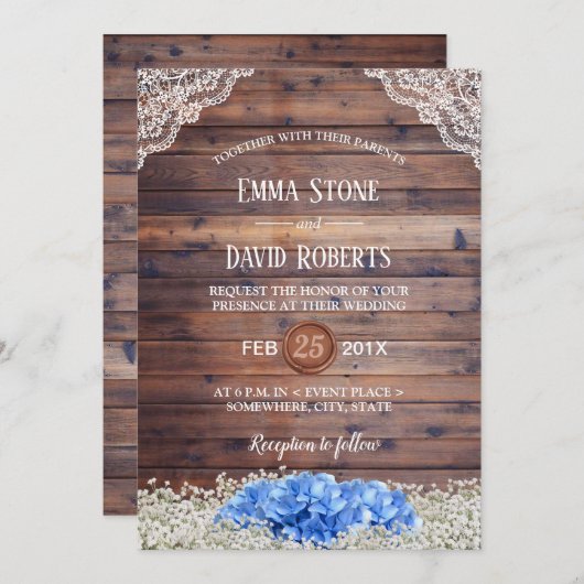 Blue Hydrangea Gipskraut Rustic Barn Wedding Einladung (Vorne/Hinten)