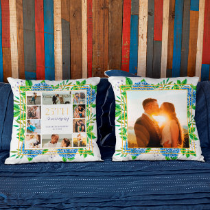 Blue Hydrangea Gold 25-jähriges Foto Collage Kissen