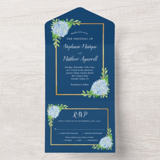 Blue Hydrangea Gold Border Navy Hochzeit All In One Einladung (Innen Boden)