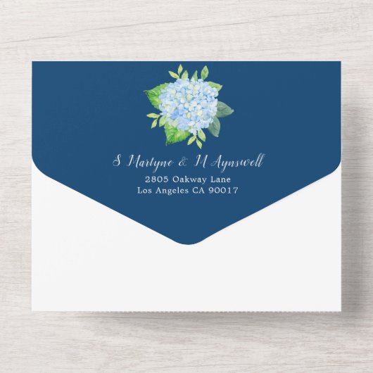 Blue Hydrangea Gold Border Navy Hochzeit All In One Einladung (Rückseite)