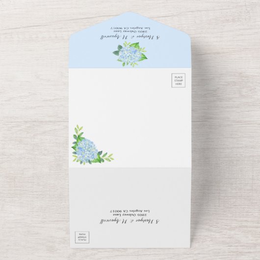 Blue Hydrangea Gold Border Wedding All In One Einladung (Außenbereich)