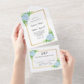 Blue Hydrangea Gold Border Wedding All In One Einladung (Abreißen)