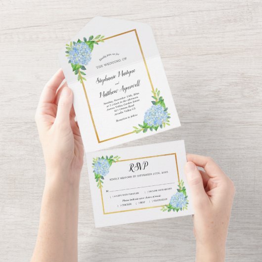 Blue Hydrangea Gold Border Wedding All In One Einladung (Abreißen)