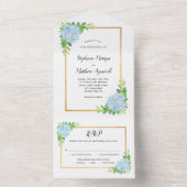 Blue Hydrangea Gold Border Wedding All In One Einladung (Innen Boden)