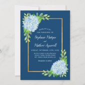 Blue Hydrangea Gold Border Wedding Einladung (Vorderseite)