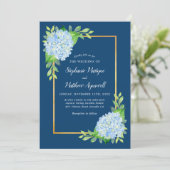Blue Hydrangea Gold Border Wedding Einladung (Stehend Vorderseite)